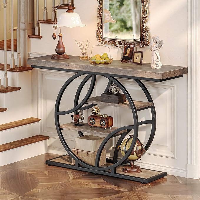 Huuger 47.2 Inch Entryway Table, Industrial Console Sofa Table with Storage, Accent Table with Shelves, for Entry, Hallway, Entrance, Foyer, O-Shaped Metal Frame, Grey