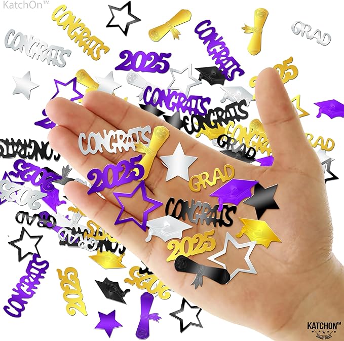 KatchOn, Congrats Grad Confetti 2025 - Pack of 1000 | Purple and Gold Graduation Decorations 2025 | Graduation Table Decorations 2025 | Black, Silver, Purple and Gold Confetti for Table Decor