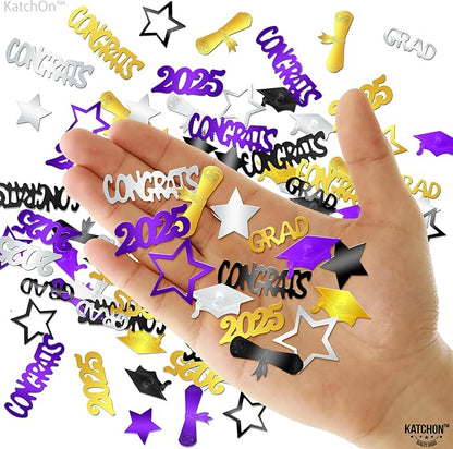 KatchOn, Congrats Grad Confetti 2025 - Pack of 1000 | Purple and Gold Graduation Decorations 2025 | Graduation Table Decorations 2025 | Black, Silver, Purple and Gold Confetti for Table Decor