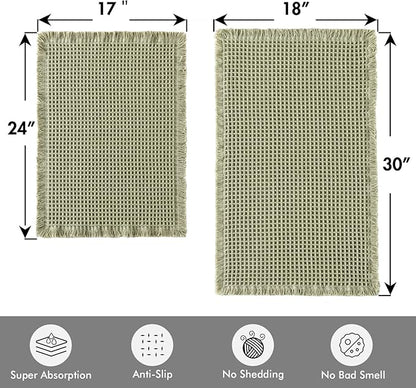 MIULEE Set of 2 Waffle Bathroom Rugs, Boho Bath Rugs Non Slip Washable, Super Absorbent Bath Mats, Ultra Soft Rubber Backed Shower Mats for Bathroom Floor, Tub, Sage Green, 17"x24"+18"x30"