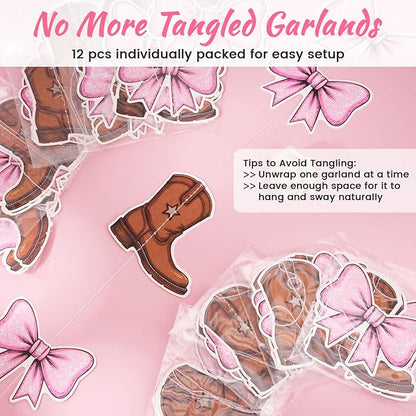 12 Pcs Hanging Boots or Bows Gender Reveal Decorations Boots and Bows Gender Reveal Confetti Western Theme Garland Brown and Pink for Cowboy Cowgirl Baby Shower Parties