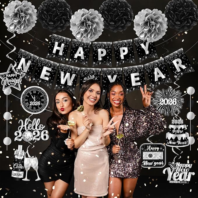 Happy New Year 2026 Silver and Black, NYE Party Supplies includes Happy New Years Banner Hanging Swirls and Silver Tissue Pom Poms, New Year Hanging Swirls for Indoor Outdoor Classroom Office
