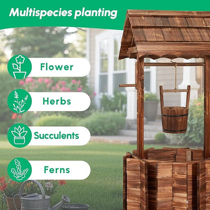 Bezseller Wishing Wells for Outdoors, Wooden Wishing Well Planter for Outdoor Yard, Large Rustic Outdoor Flower Planters with 4 Reinforced Rod & Hanging Bucket for Backyard Patio Garden Home Decor