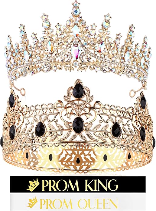 4 Pcs Gold King Crown Tiara Crowns for Men Women Prom King and Queen Crowns with Satin Sash Rhinestone Crystal Crown Queen Tiara Sash for Wedding Graduation Birthday Party Halloween