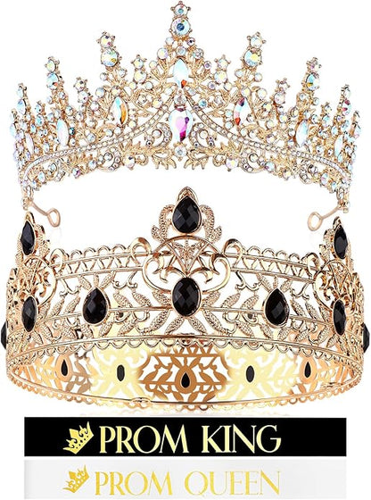 4 Pcs Gold King Crown Tiara Crowns for Men Women Prom King and Queen Crowns with Satin Sash Rhinestone Crystal Crown Queen Tiara Sash for Wedding Graduation Birthday Party Halloween