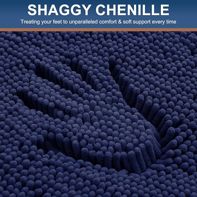 Smiry Luxury Chenille Bathroom Rugs 44x24, Extra Soft and Absorbent Shaggy Bath Mat, Machine Washable, Non-Slip Plush Carpet Runner for Tub, Shower, and Floor, Home Decor Accessories, Navy Blue