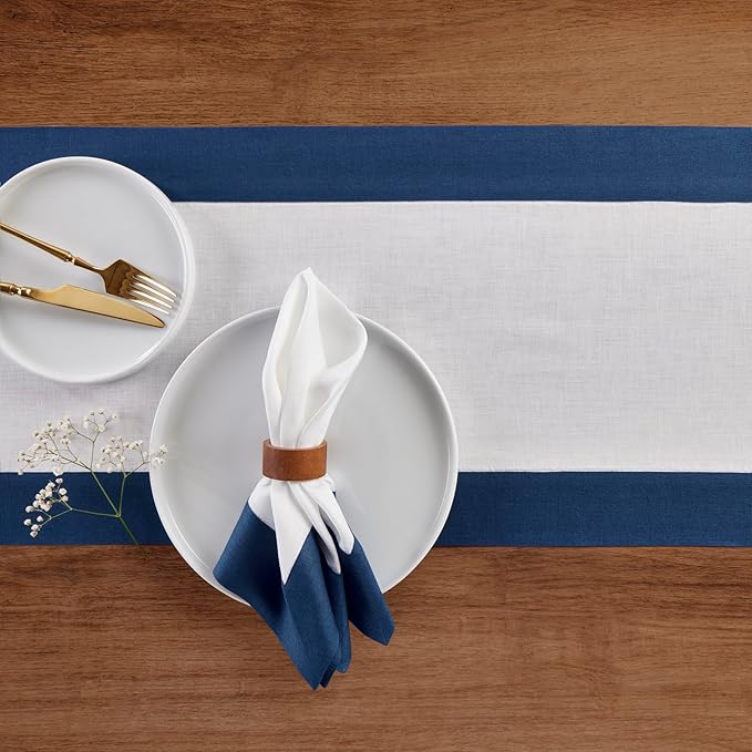 Solino Home Linen Table Runner 48 Inches - 100% Pure Linen Indigo Blue and White Table Runner 14 x 48 Inch Ideal for Dresser and Coffee Tables - Contempo - Thanksgiving