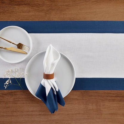 Solino Home Linen Table Runner 48 Inches - 100% Pure Linen Indigo Blue and White Table Runner 14 x 48 Inch Ideal for Dresser and Coffee Tables - Contempo - Thanksgiving