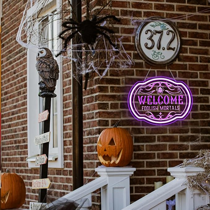 Horseneon Welcome Foolish Mortals Christmas Neon Sign Haunted Mansion LED Wall Decor for Door Mab Cave Light Horror Movie Parties & Themed Bars Spooky Flicker Effect Christmas Gifts