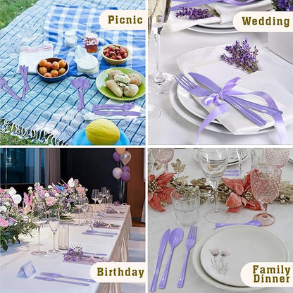 150 Pcs Purple Plastic Silverware, Purple Utensils, Silverware Set Includes 50 Plastic Forks, 50 Spoons, 50 Knives Disposable for Birthday, Celebration, Baby Shower