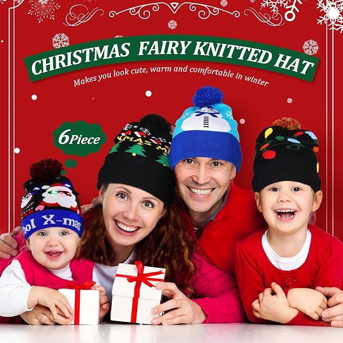 Vicenpal 6 Pcs Christmas Knitted Hat Xmas Beanie Hat Bulk Crochet Knit Cap Set Printed Wool Bulk