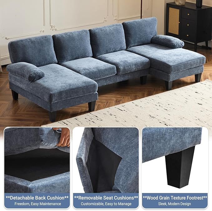 VINGLI 110" Sectional Couches for Living Room,U Shaped Couch with Double Chaise, 4-Seat Sofa Set with Corduroy Fabric for Home Furniture,Ocean Blue