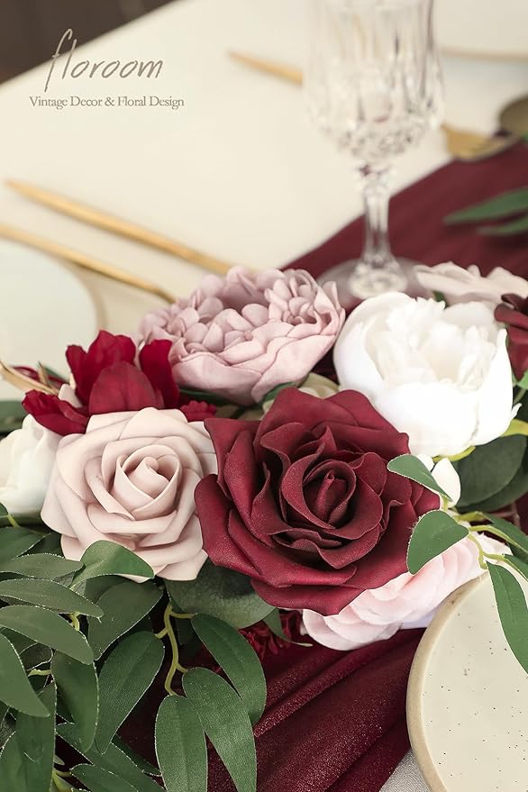 Floroom 6ft Artificial Eucalyptus Garland with Flowers Fake Greenery Faux Floral Vine Garland for Table Decor Wedding Centerpieces Bridal Shower Party Decorations, Burgundy & White
