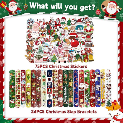 99pcs Christmas Decorations Set – 24PCS Slap Bracelets and 75PCS Stickers, Bulk Christmas Gifts and Party Favors, Fun Holiday Wristbands for Festive Gifts & Stocking Stuffers