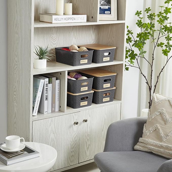 Small Plastic Storage Bins with Bamboo Lids 5.2qt Stackable Box Basket Pantry Decorative Containers Cute with Lable for Organizing Desktop Closet Office Gray of 6 packs 10 * 7.2 * 4.1"
