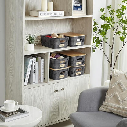 Small Plastic Storage Bins with Bamboo Lids 5.2qt Stackable Box Basket Pantry Decorative Containers Cute with Lable for Organizing Desktop Closet Office Gray of 6 packs 10 * 7.2 * 4.1"