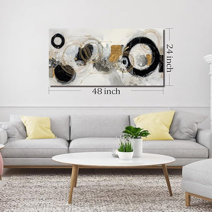 Abstract Circle Canvas Wall Art for Office Modern Wall Decor for Dining Room Black White Gold Pictures Wall Art for Bedroom Size 24 x 48 Inch