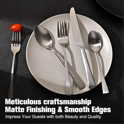 KINGSTONE 30-Piece Silverware Set, 18/10 Stainless Steel Flatware Set for 6, Matte Satin Finish Forged Cutlery Set Dishwasher Safe