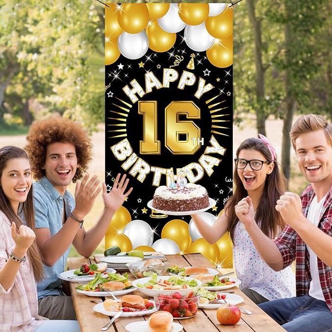Happy 16th Birthday Decorations for Boys and Girls, 16 Years Old Birthday Fabric Backdrop Banner, Sixteen Party Supplies, Photo Booth Background, Door Wall, Yard Decor for Indoor Outdoor Use