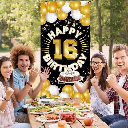 Happy 16th Birthday Decorations for Boys and Girls, 16 Years Old Birthday Fabric Backdrop Banner, Sixteen Party Supplies, Photo Booth Background, Door Wall, Yard Decor for Indoor Outdoor Use