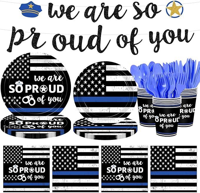142Pcs Police Academy Graduate Party Supplies We Are So Proud Of You Police Theme Plates and Napkins Congrats Officer Party Decorations for Police Retirement Grad Graduation Promotion Party Serves 24