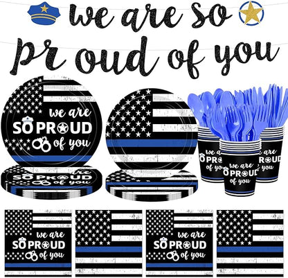 142Pcs Police Academy Graduate Party Supplies We Are So Proud Of You Police Theme Plates and Napkins Congrats Officer Party Decorations for Police Retirement Grad Graduation Promotion Party Serves 24
