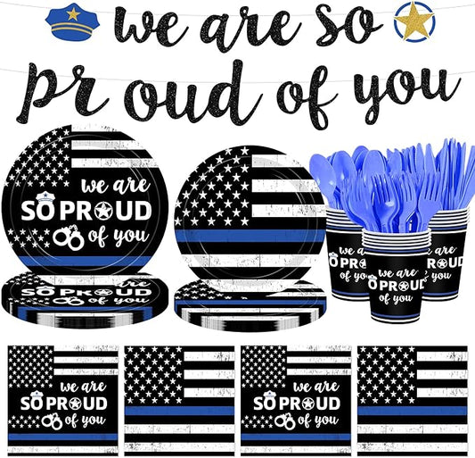 142Pcs Police Academy Graduate Party Supplies We Are So Proud Of You Police Theme Plates and Napkins Congrats Officer Party Decorations for Police Retirement Grad Graduation Promotion Party Serves 24