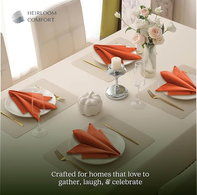 Orange Cloth Napkins 18"x18", 6 Pack - Durable, Absorbent, Soft, Reusable, Washable - Hemstitch Mitered Edges - Ideal for Dinner, Fall, Thanksgiving, Rustic Weddings, Everyday Use