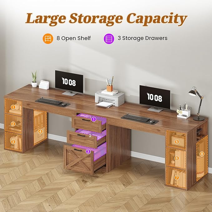 SEDETA Farmhouse 96.5" Computer Desk with Drawers, 2 Person Home Office Desk, Gaming Double Desk with Storage Shelves, Long Two Person Writing Desk, Brown