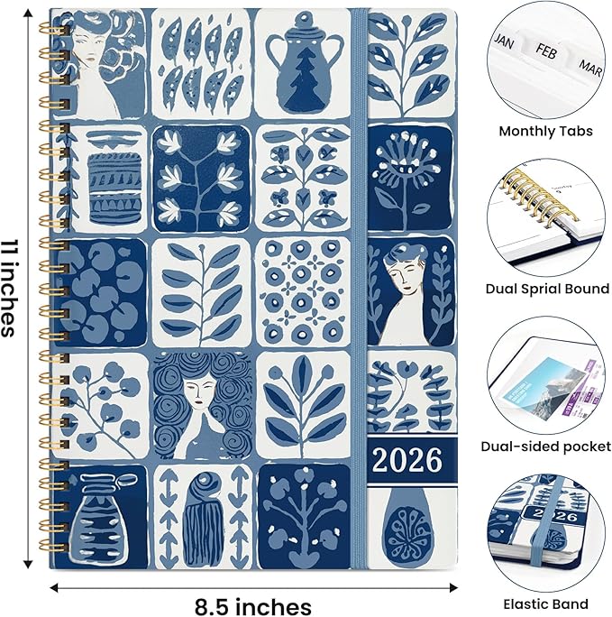 2026 Planner, Weekly and Monthly Planner for Women, Jan 2026 - Dec 2026 Pretty 2026 Calendar Planner with Monthly Tabs, Inner Pocket, Spiral Binding, Perfect for Office Home School - 8.5" x 11", Blue Art
