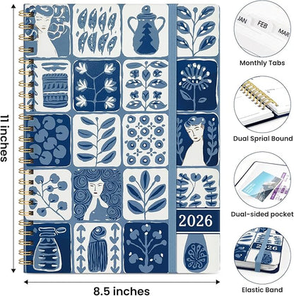 2026 Planner, Weekly and Monthly Planner for Women, Jan 2026 - Dec 2026 Pretty 2026 Calendar Planner with Monthly Tabs, Inner Pocket, Spiral Binding, Perfect for Office Home School - 8.5" x 11", Blue Art