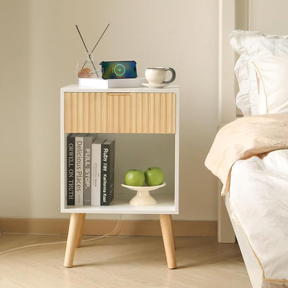 Night Stand with Charger Station, Modern Wood Nightstand with Drawer and Outlet, Fluted Bedside Table End Table with Solid Wood Legs for Bedroom, Living Room, Office (White Oak)
