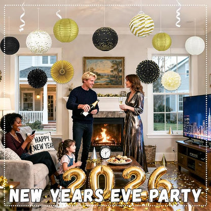 14Pcs Black and Gold Party Decorations, Hanging Paper Lanterns Fans Tissue Flower Pom Poms for Men 50th 60th Birthday Graduation New Years Eve Party Supplies New Years Decorations