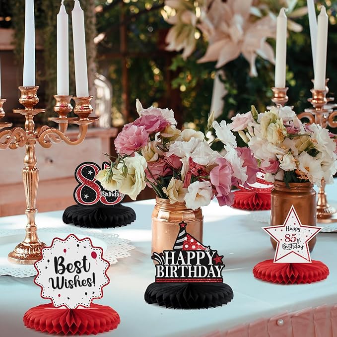 Happy 85th Birthday Decorations,85th Bday Red Glitter Shiny Stand Honeycomb Table Centerpieces - Cheers to 85 Years Old Birthday Party Photoprop Gift Sign.
