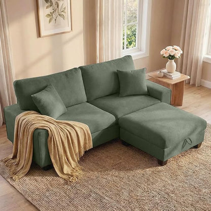 DOPEDIO L-Shaped Sectional Sofa with Storage Ottoman, Modern Chenille Recliner Loveseat, Removable Couch Covers, Pocket Spring Cushions, Solid Wood Frame, Easy to Install (88.58inch, Green)