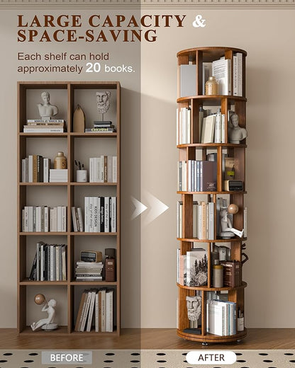 6 Tier Solid Wood Rotating Bookshelf on Wheels, 360° Spinning Book Shelf Tower, Round Revolving Bookcase Organizer, Rolling Bookshelves for Small Spaces, Corner, Bedroom, Kids Room, Office — Walnut