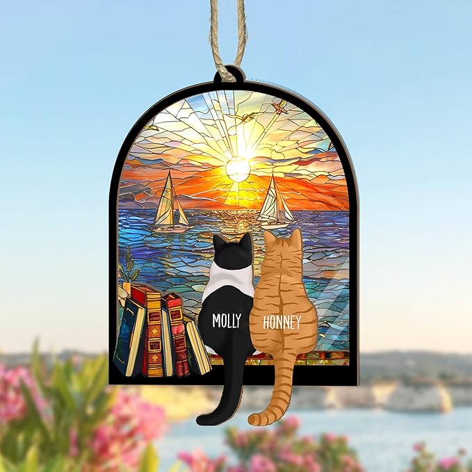 Personalized Cat Memorial Suncatcher – Custom Cat Suncatcher with Name and Breed for Up to 3 Pets, Sympathy Gift for Cat Loss, Memorial Gift for Cat Lovers