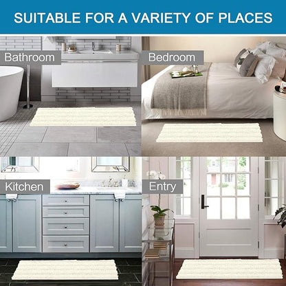 H.VERSAILTEX Bath Rugs for Bathroom Non Slip Bath Mats Extra Thick Chenille Striped Bath Rug Runners 47" x 17" Absorbent Fluffy Soft Shaggy Mats Dry Fast Plush Area Carpet for Bath Room - Cream