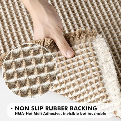 MIULEE Set of 2 Waffle Bathroom Rugs, Boho Bath Rugs Non Slip Washable, Super Absorbent Bath Mats, Ultra Soft Rubber Backed Shower Mats for Bathroom Floor, Tub, Brown & White, 17"x24"+20"x47"