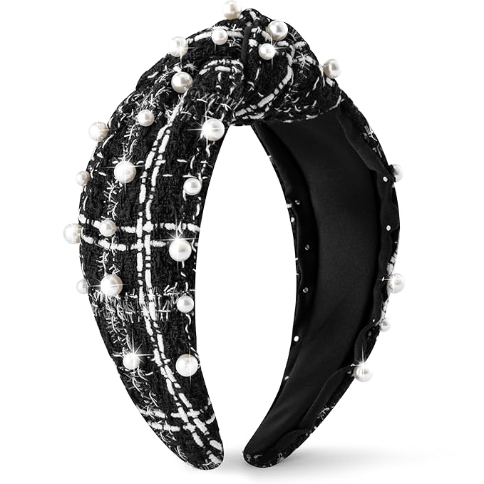 PANTIDE Pearl Jeweled Knotted Headband - Classics Black White Buffalo Lattice Cropped Tweed Pearl Embellished Headband Wide Top Knot Hairband Accessories Birthday Gift for Women Girl (Black Plaid)