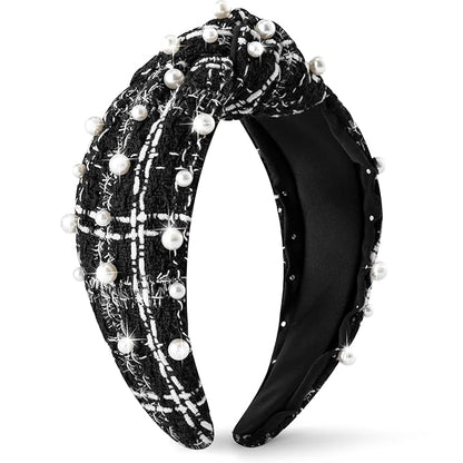 PANTIDE Pearl Jeweled Knotted Headband - Classics Black White Buffalo Lattice Cropped Tweed Pearl Embellished Headband Wide Top Knot Hairband Accessories Birthday Gift for Women Girl (Black Plaid)