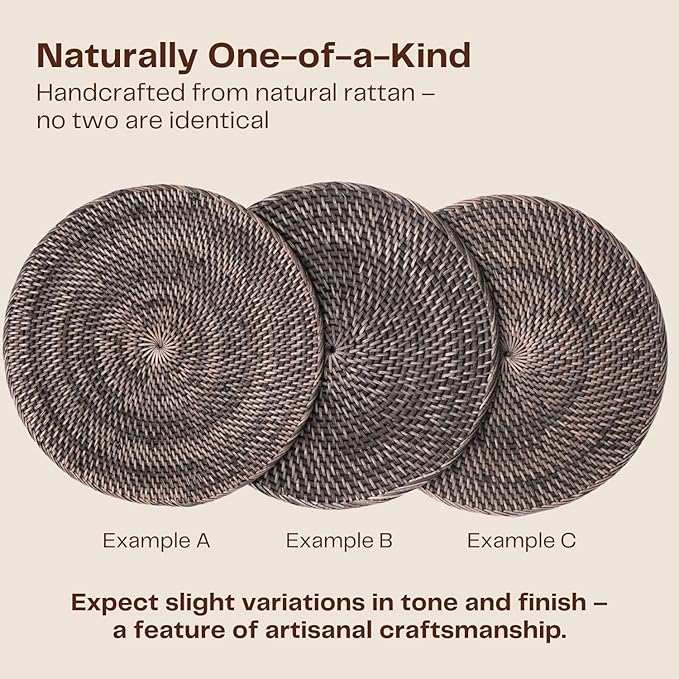2-Pack Rattan Placemats - 13-inch Round Placemats (Blackwash) - Woven Place Mats, Round Table Mats - Wicker Chargers for Dinner Plates, Plate Chargers Boho - Rattan Decor, Kitchen Table Decor
