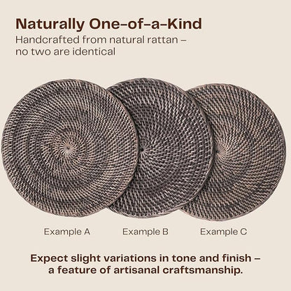 2-Pack Rattan Placemats - 13-inch Round Placemats (Blackwash) - Woven Place Mats, Round Table Mats - Wicker Chargers for Dinner Plates, Plate Chargers Boho - Rattan Decor, Kitchen Table Decor