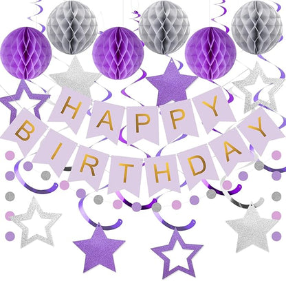 meowtastic Birthday Decorations, Happy Birthday Banner with Honeycomb Ball, Star Hanging Swirl Streamer, Circle Dot Garland, Happy Birthday Party Decoration for Women Men Boys Girls (Purple & Silver)