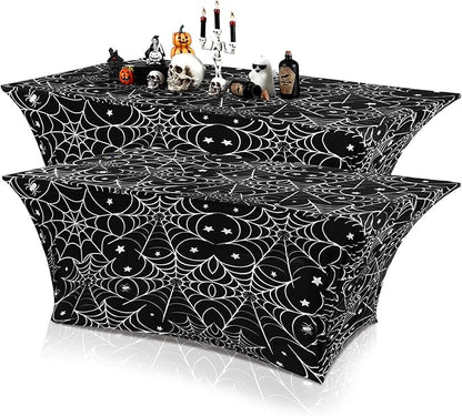 Oudain 2 Pcs Halloween Stretch Table Cover 6 Feet White Black Spider Web Spandex Table Clothes Gothic Spider Cobweb Scary Party Decorations for Halloween Home Decorations Party Celebration