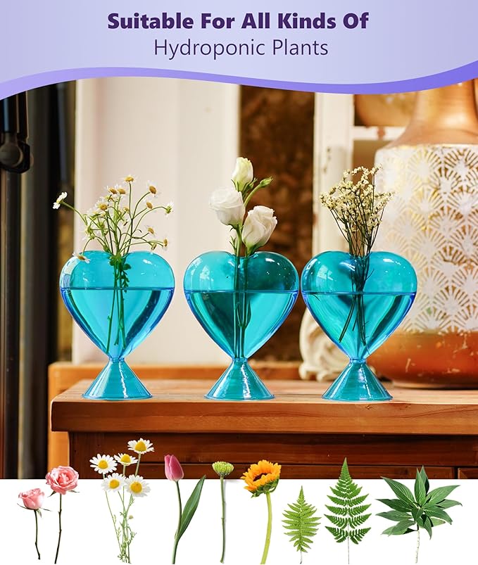 Nacome Small Glass Bud Vases for Flowers: Birthday Gifts for Wife Women Mom Garden Lovers- Set of 3 Heart Plant Terrarium for Wedding Centerpiece Table Office Indoor Home Decor(Blue)
