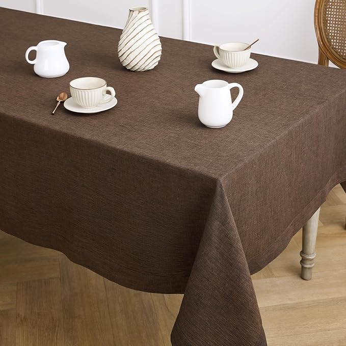 Solino Home Linen Tablecloth 60 x 108 Inch - 100% Pure Linen Chambray Brown Table Cloth for Rectangle Tables - Athena, Machine Washable Tablecloth for Fall, Autumn