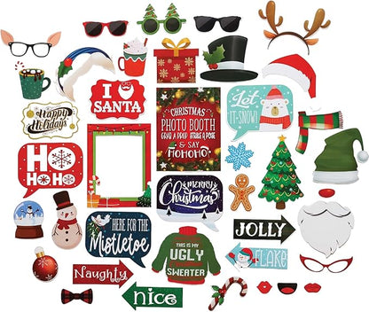 Christmas Photo Booth Props - 41-pc Photobooth Kit with 8 x 10-Inch Sign, 60 Adhesive Pads, 45 Sticks - Christmas Photobooth Props - Holiday Photobooth Prop