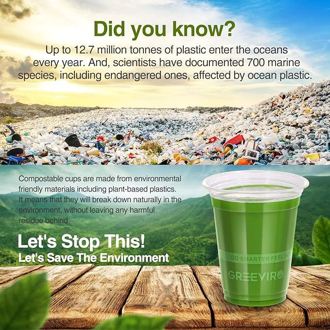 Eco Compostable Plant-Based Clear Plastic Cups 12oz Thick, Reusable, Disposable Iced Coffee Cups for Smoothies, Beer & Any Beverages for Parties, Weddings & Gatherings