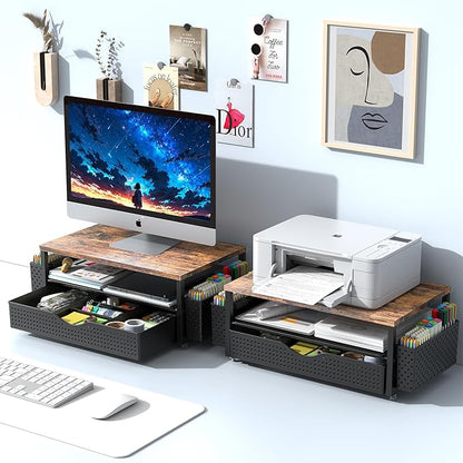 Spacrea Desk Organizer and Accessories, Computer Monitor Stand Riser with Drawer and 2 Pen Holders, Office Desk Accessories & Workspace Organizers for Office Supplies (Wood)